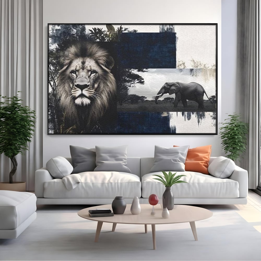 Tablou canvas cu tablou canvas cu leu si elefant, in rama de aluminiu negru, pe perete intr-un living
